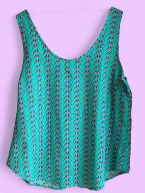 B Jewel Turquoise Scoop Neck Bird Print Tank Top Orange Trim Zipper Back Large